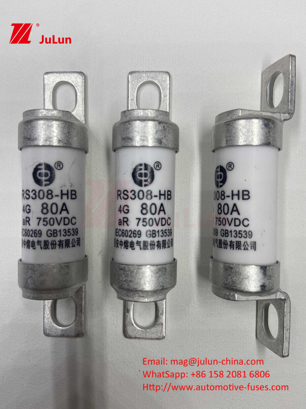 EV RS308 Fuseur de choc mécanique 25A 30A 40A 50A Céramique de cuivre Voltage nominal DC750V Chargeur Ev à domicile pour voiture électrique