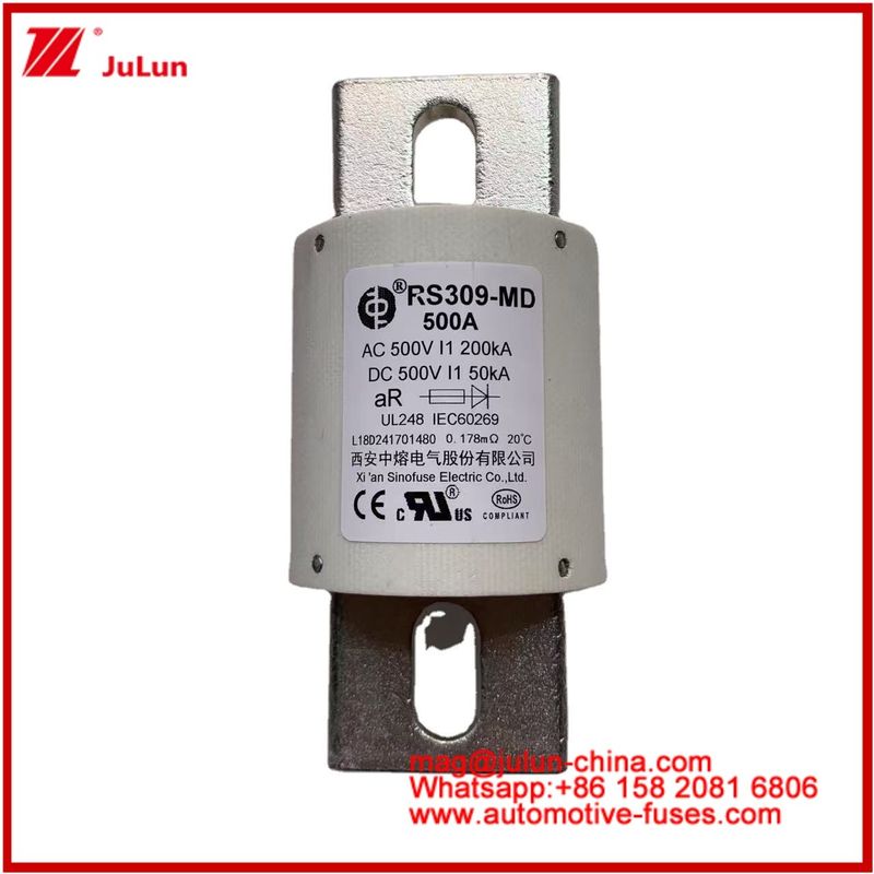 500VDC 200KA 500VAC 50KA AR Fuseau rapide en céramique tubulaire Fuseau RS309-MD 500A Pour les véhicules électriques et les systèmes de batterie de puissance