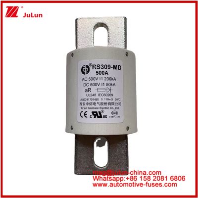 500VDC 200KA 500VAC 50KA AR Fuseau rapide en céramique tubulaire Fuseau RS309-MD 500A Pour les véhicules électriques et les systèmes de batterie de puissance